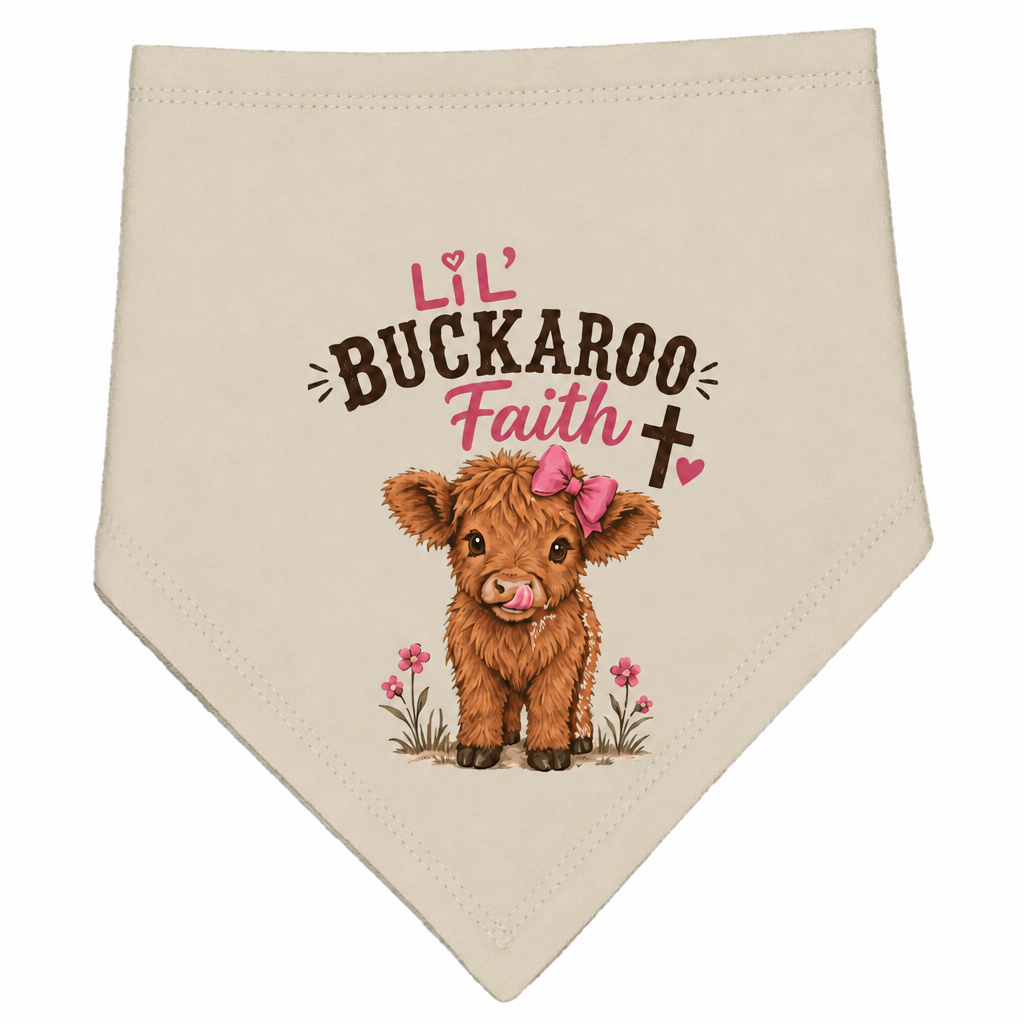 Highland Cow Girl reversible baby bib in pale light khaki